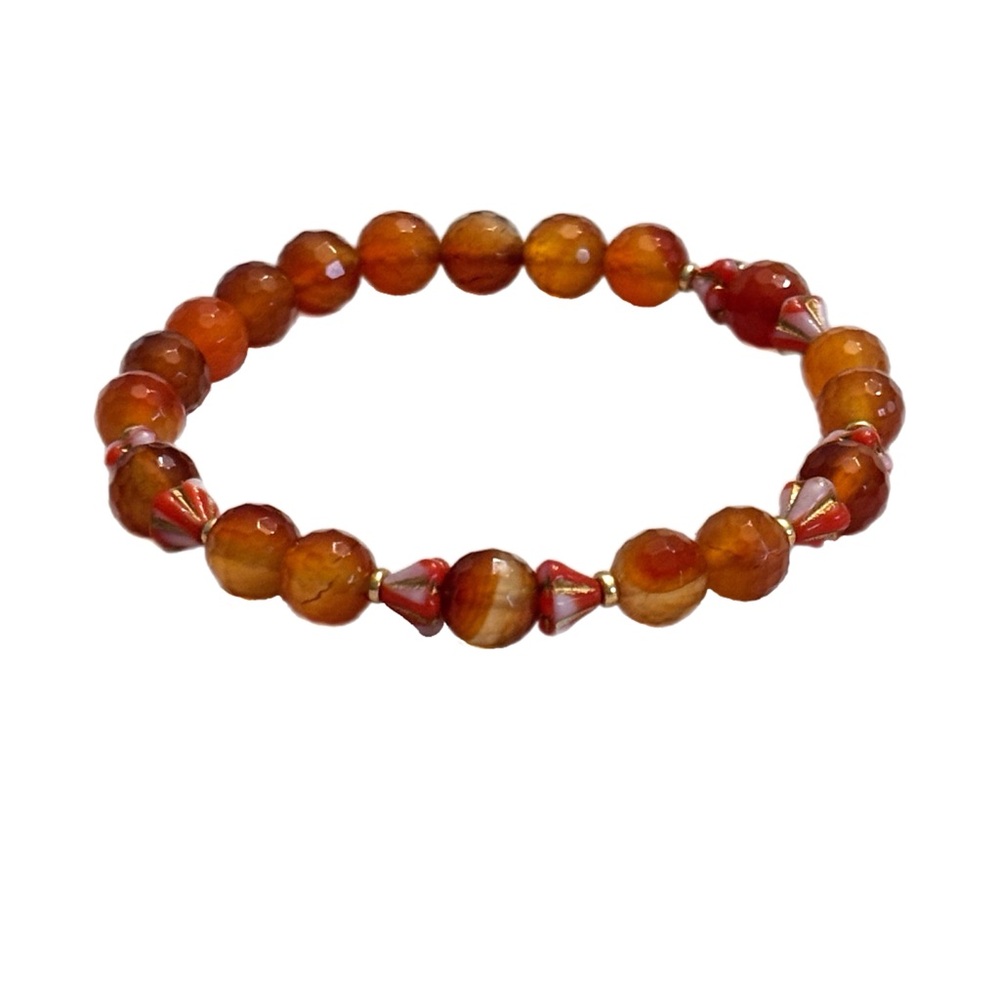 Carnelian with Red and Gold Czech Glass Bellflower Beaded Stretch Bracelet